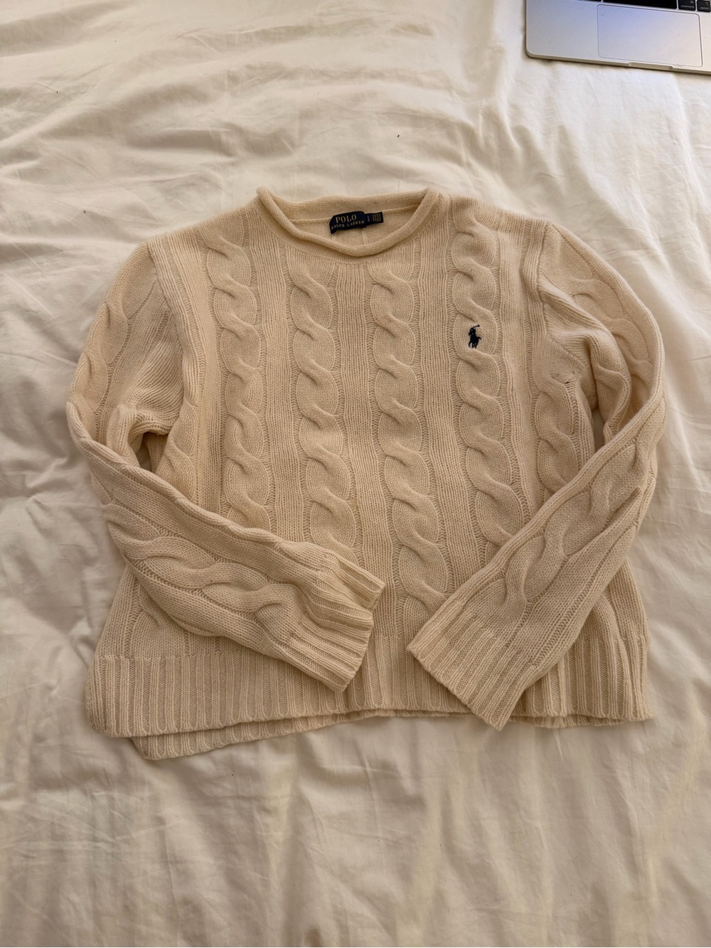 Ralph Lauren Cream Cable-Knit Crewneck Sweater